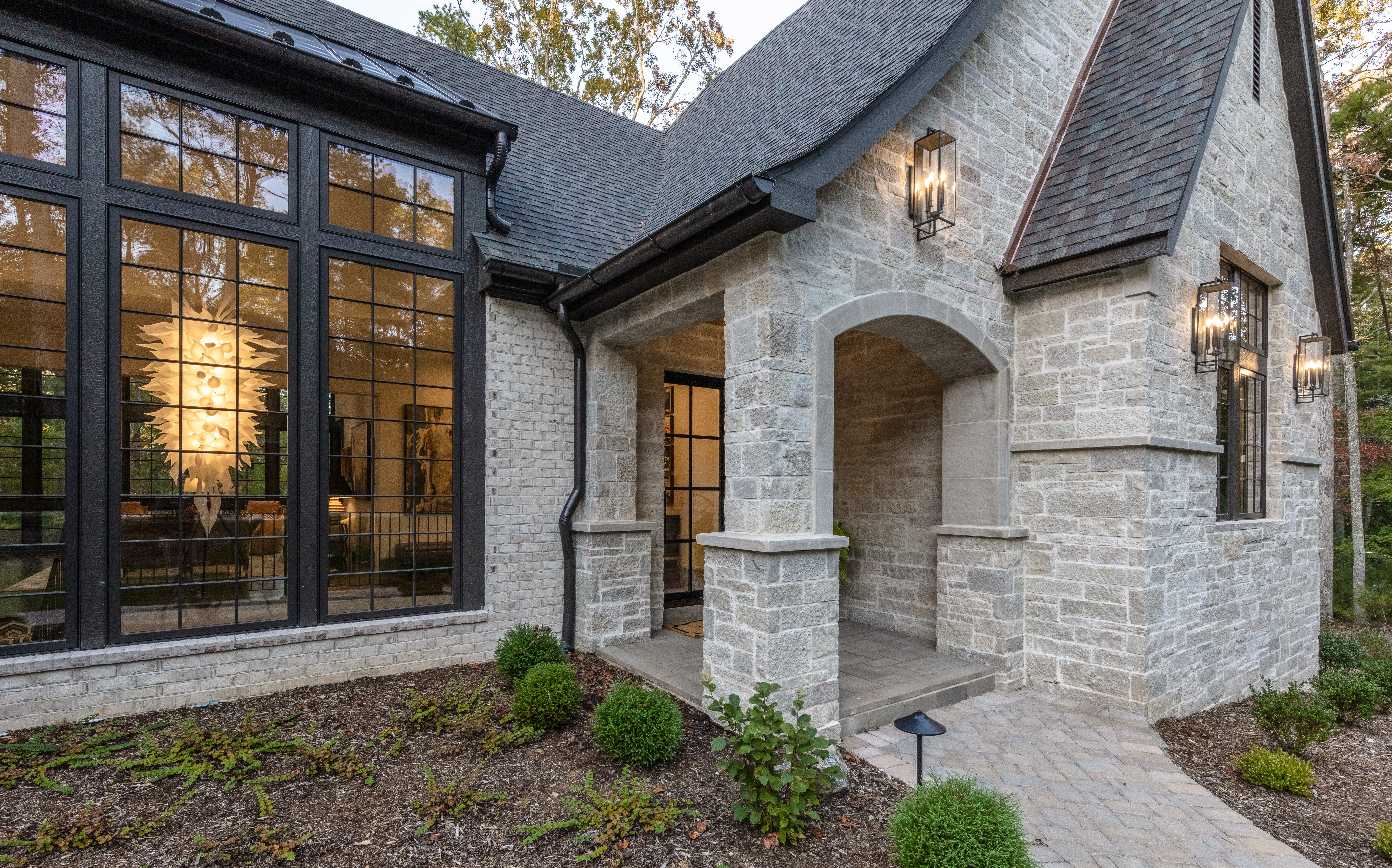 French Modern stone exterior luxury custom home in Asheville NC