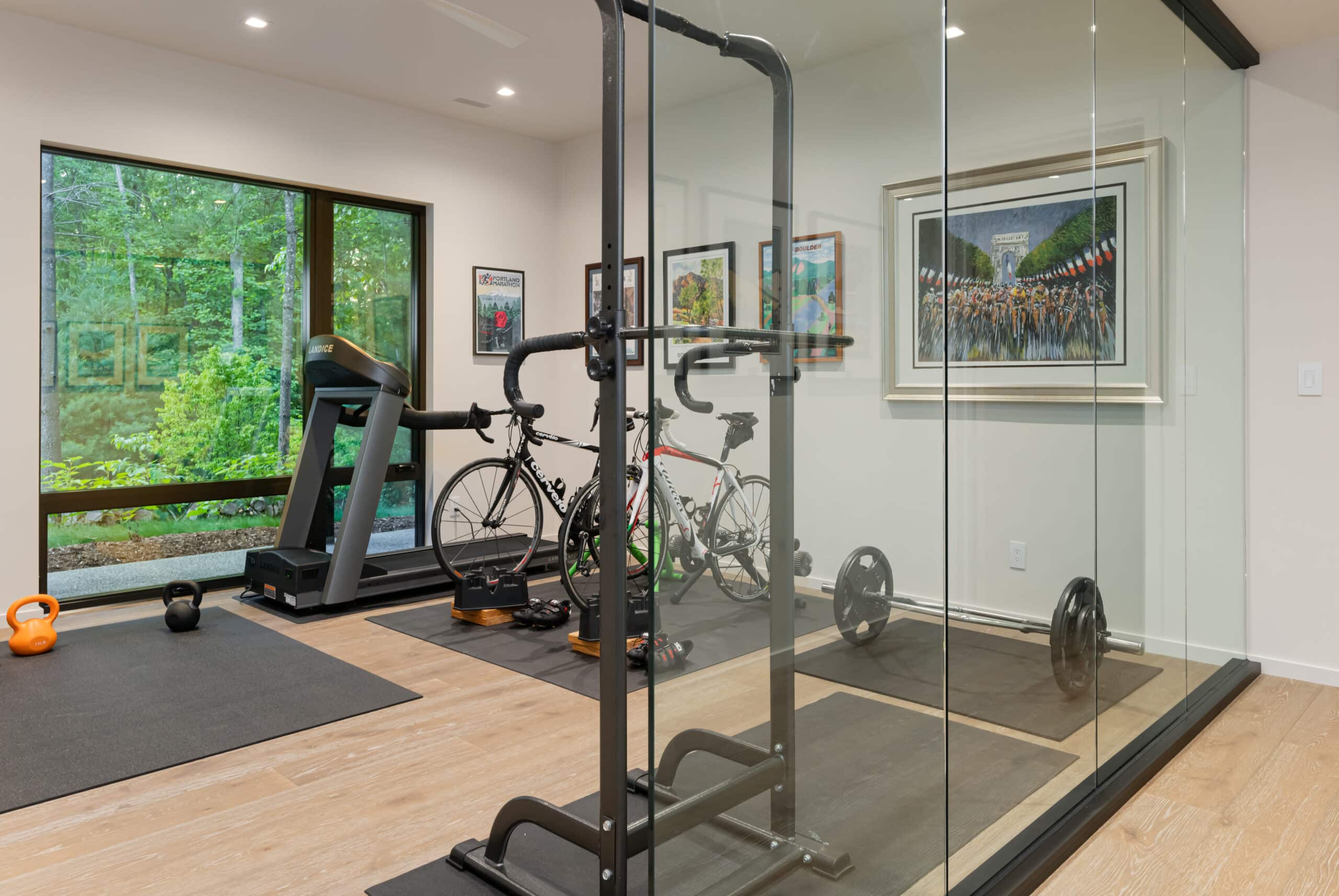 Luxury home gym/spa bathroom featuring wellness design elements