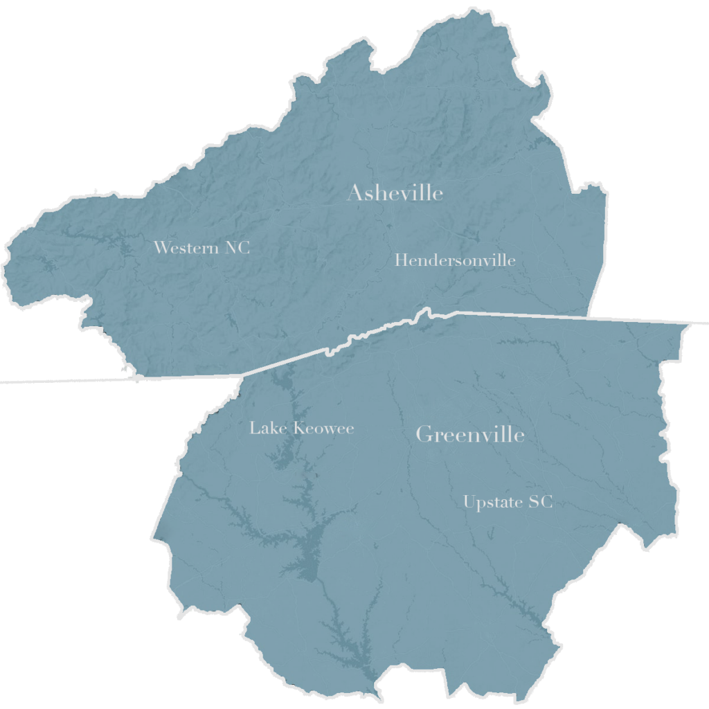 Custom MAP of Asheville, Greenville, Lake Keowee, Upstate SC, Hendersonville, and Wester NC
