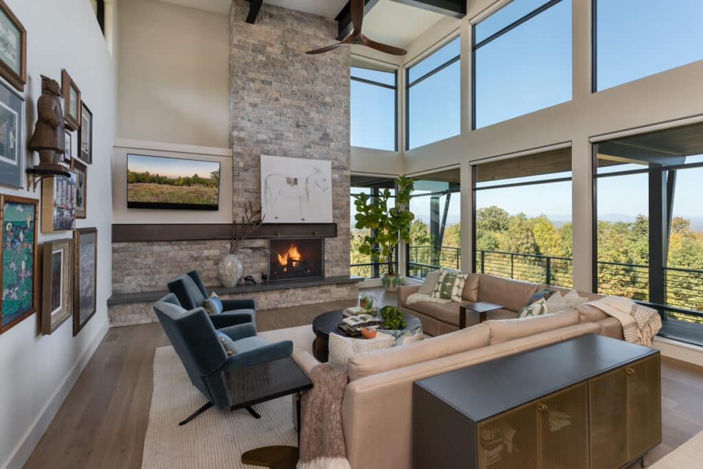 ustom home interior; modern living room; natural materials; quartzite fireplace.